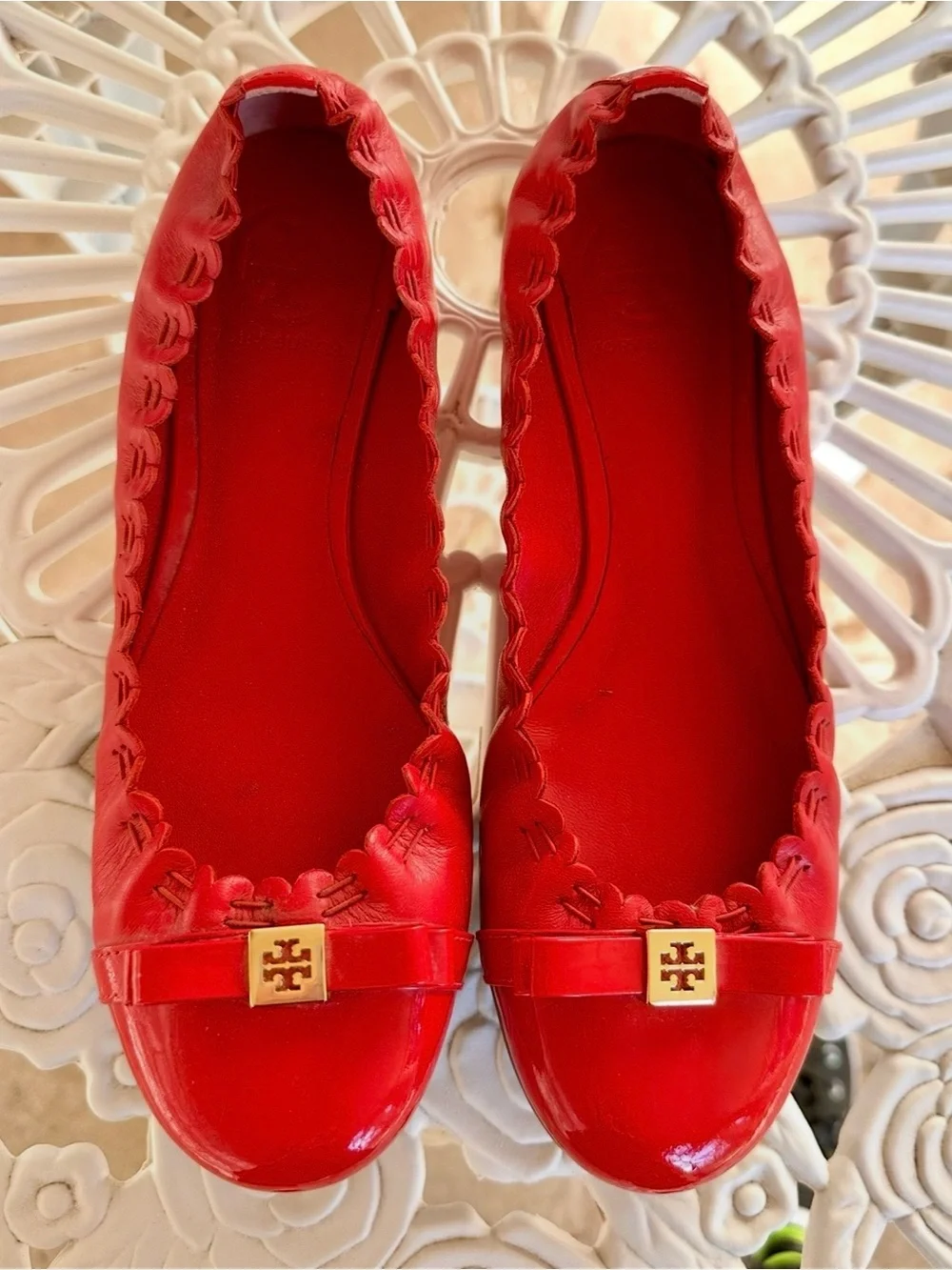 Tory Burch Red Patent Ballet Flats with Gold Logo Accent and Ruffle Trim